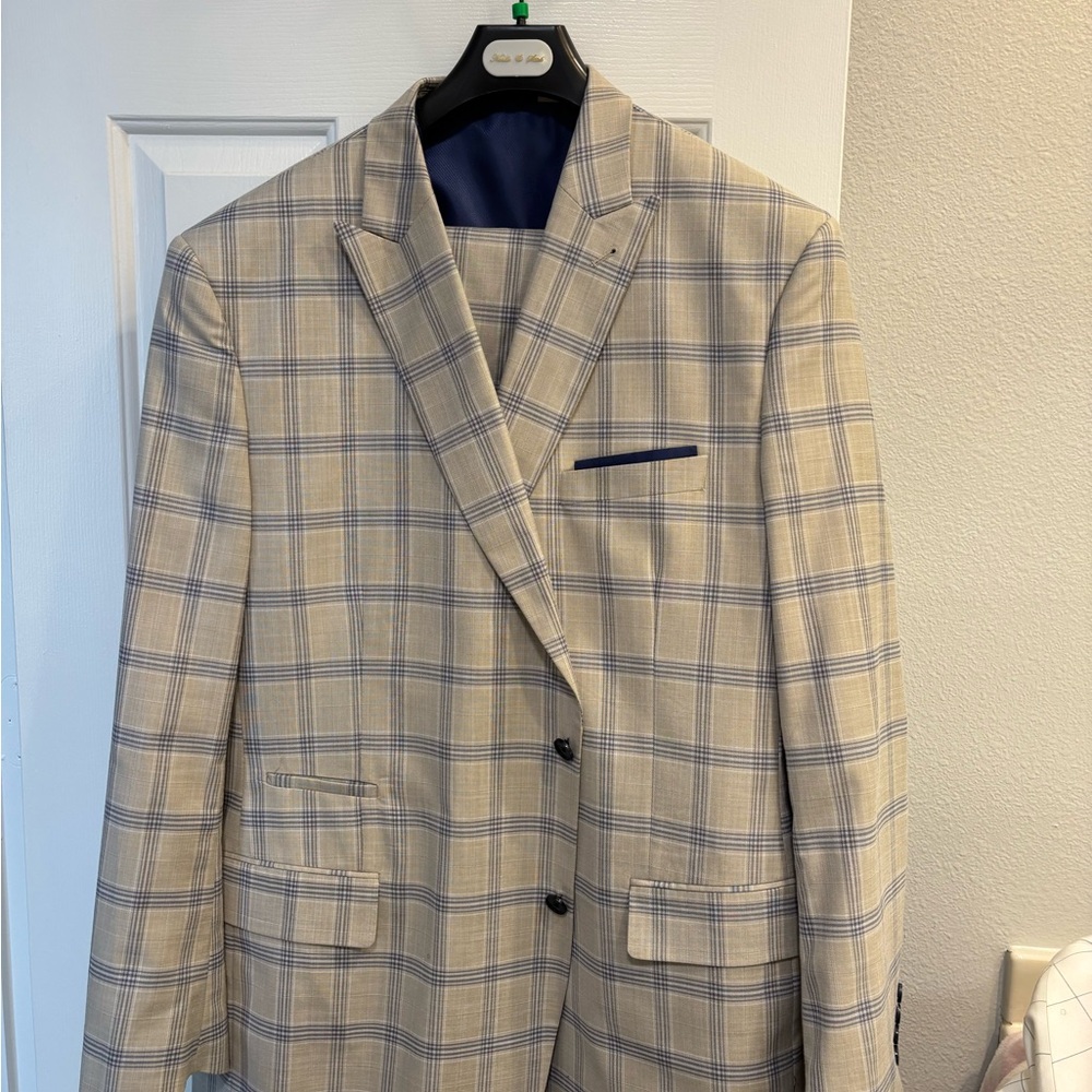 Tan and Blue Sport Coat with Plaid Pattern and Notched Lapel